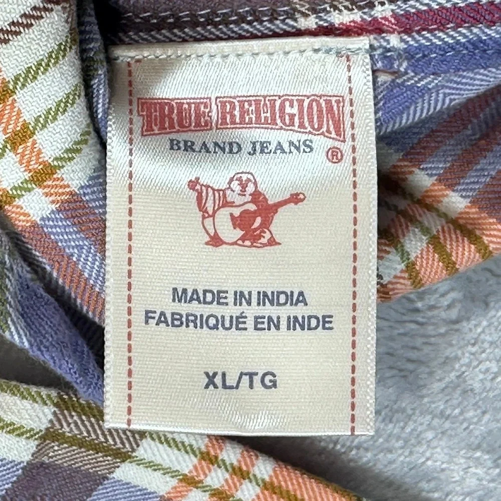True Religion Service Co‎ Flannel Shirt XL Blue Plaid Back Graphic Embroidered